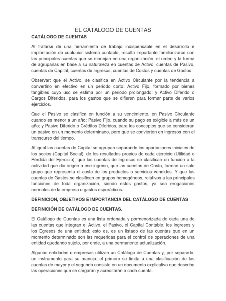 Estructura y Clasificación del Catálogo de Cuentas | PDF | Capital ...