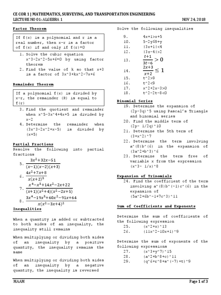 Algebra 1 Lecture Notes and Exercises | PDF | Factorization | Polynomial