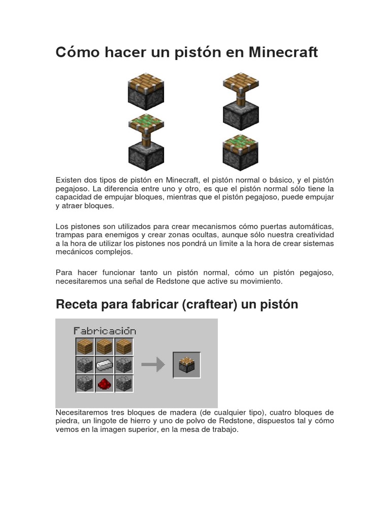 Como Hacer La Mesa De Crafteo En Minecraft Cómo Hacer Un Pistón en Minecraft PDF | PDF