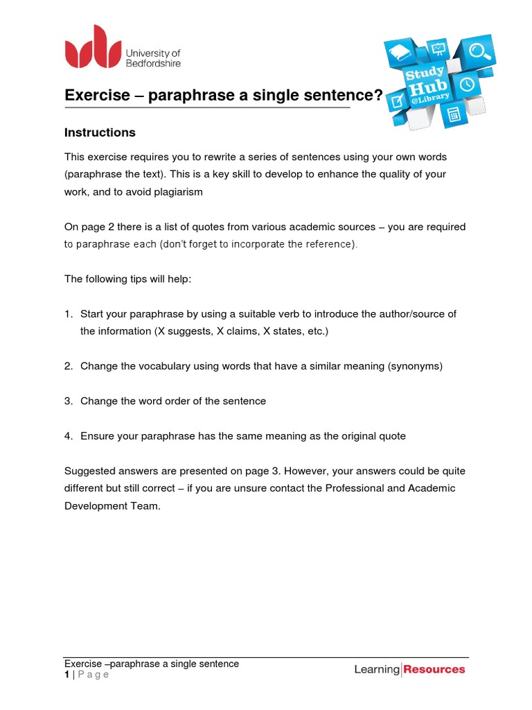 Academic Writing Paraphrase A Single Sentence Exercise PDF | PDF ...