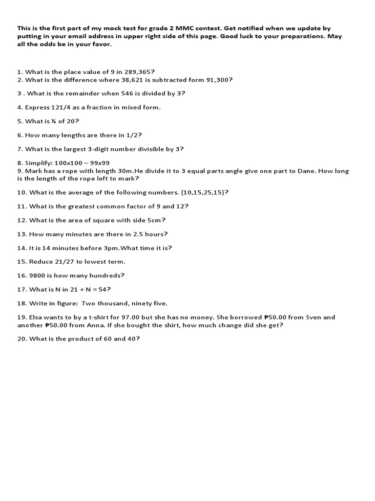 Grade 2 MMC Math Mock Test | PDF | Teaching Mathematics