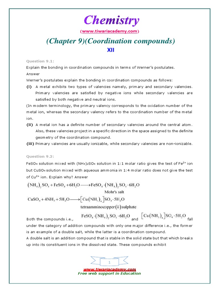 Chemistry Class 12 Chapter 9 Ncert Answers | PDF | Coordination Complex ...