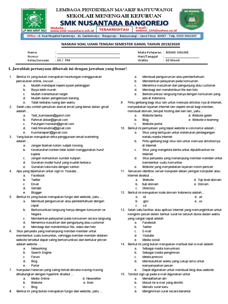 Soal Mata Pelajaran Bisnis Online Kelas Xii Smk