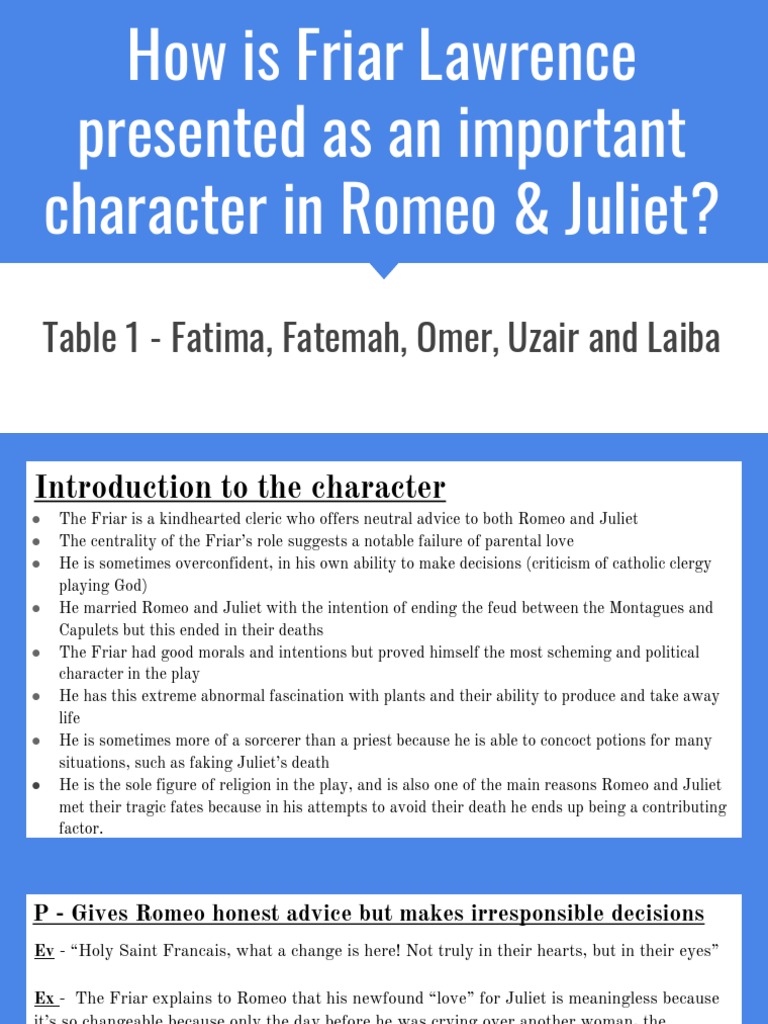 how is friar lawrence presented in romeo and juliet essay