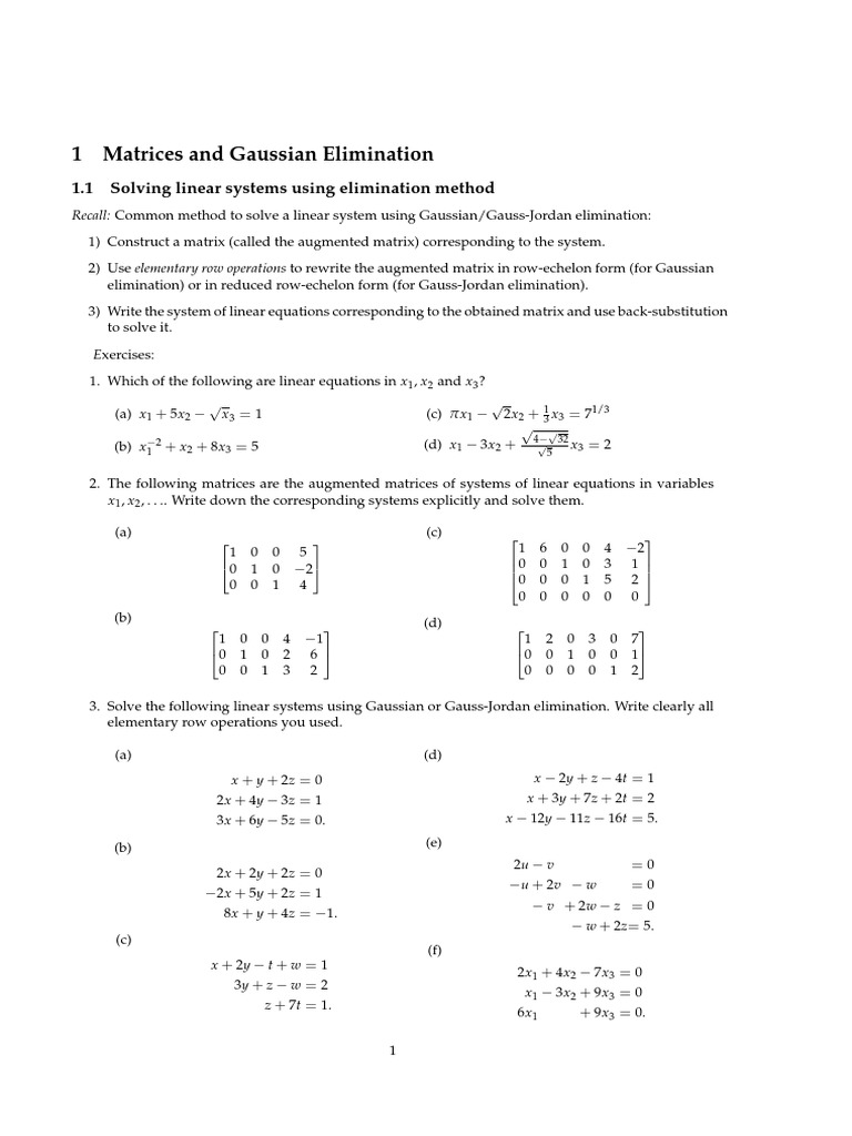 Linear Exercises PDF System Of Linear Equations Matrix (Mathematics)