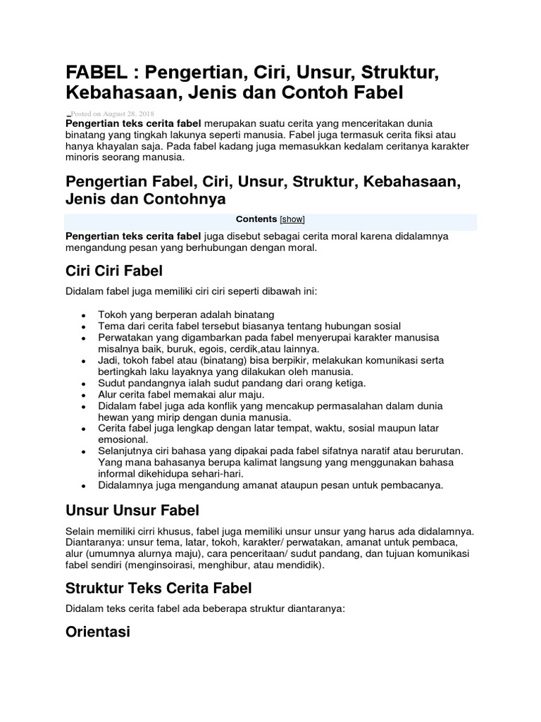 Fabel Pengertian Ciri Unsur Struktur