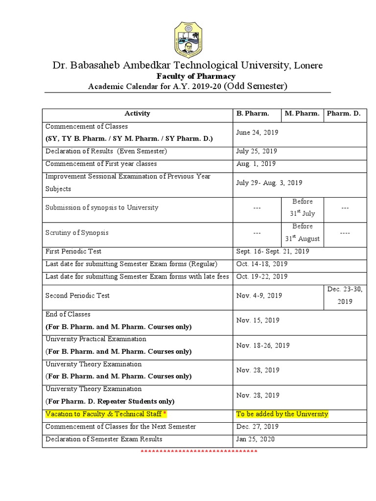 Academic Calendar Pharmacy 2019 20 PDF Academic Term Schools