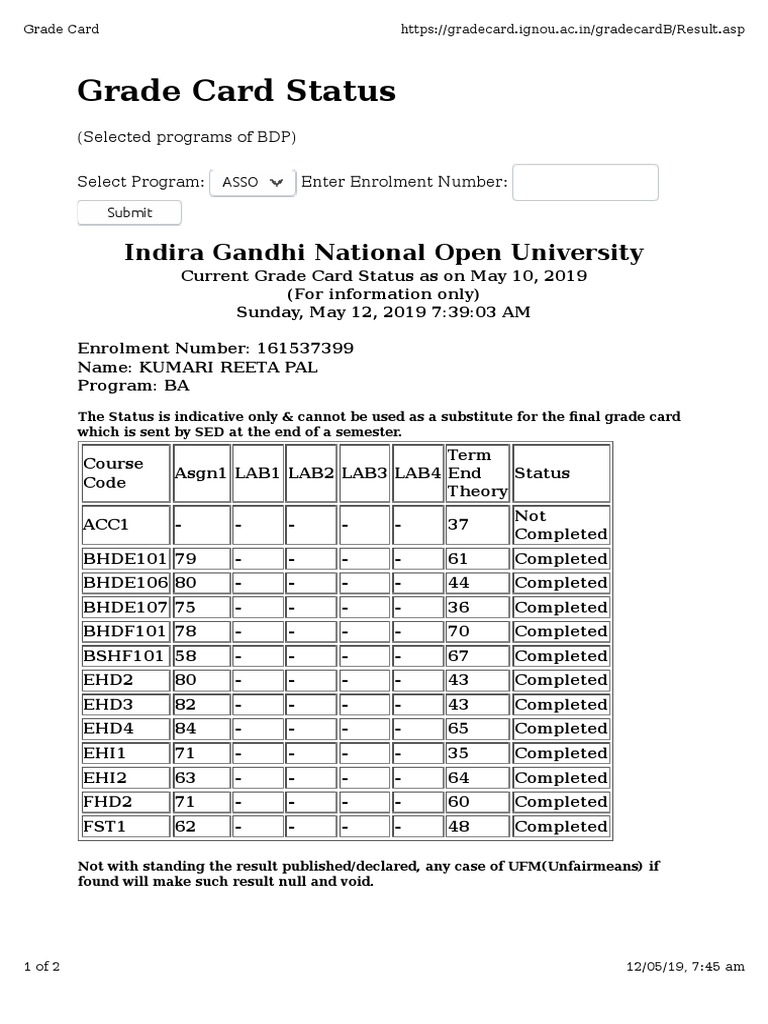 ignou grade card IGNOU BA Grade Card Status Sample