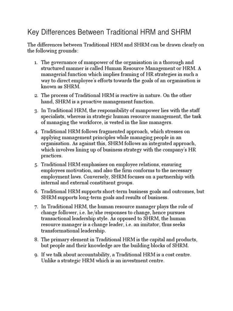 Traditional HRM vs. SHRM Differences | PDF | Human Resource Management ...