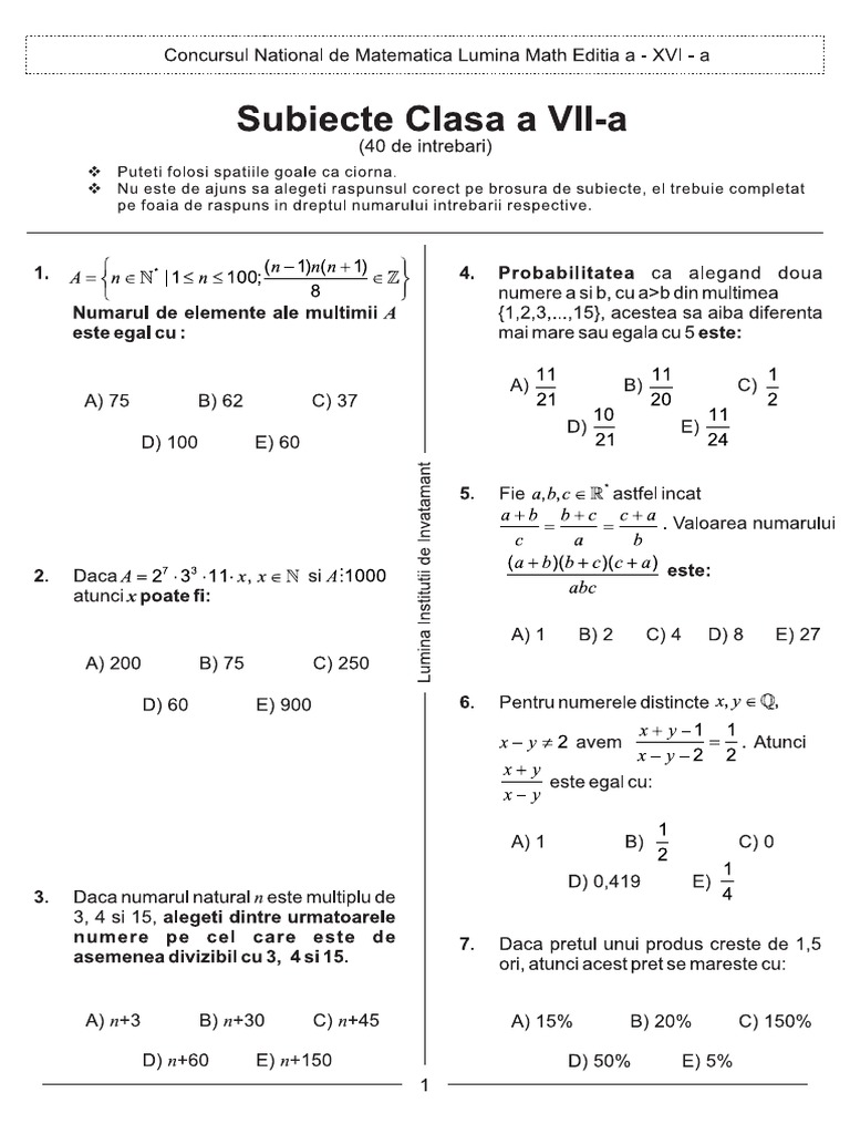 2013 Matematica Concursul 'Lumina Math' Etapa 1 Clasa A VIIa