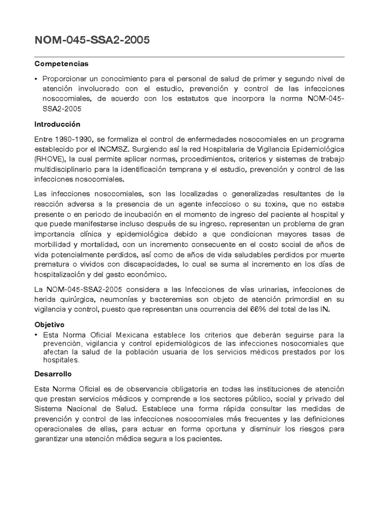 Nom 045 Ssa2 2005 Infección adquirida en el hospital