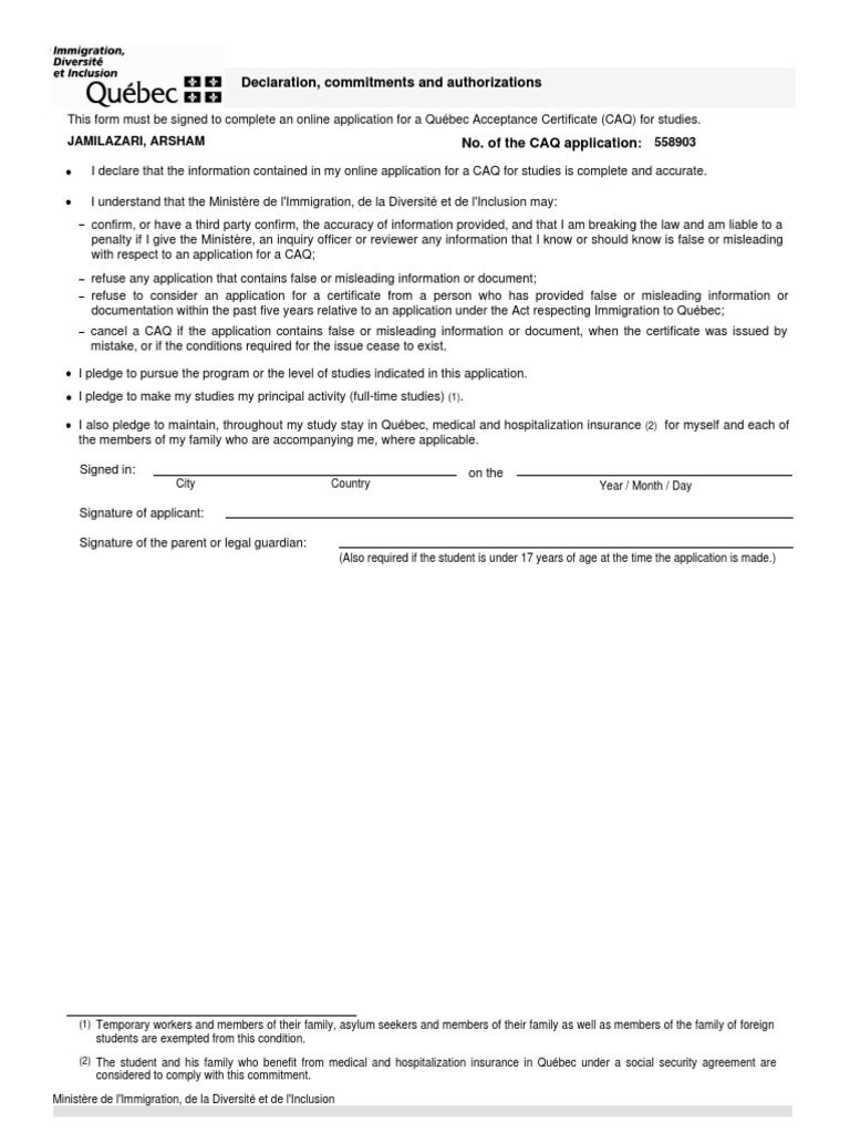 CAQ Application Declaration Form | PDF | Passport | Government And ...