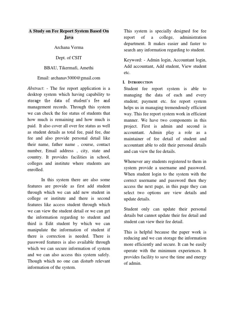 A Study On Fee Report System Based On Java | PDF | Password | Fee