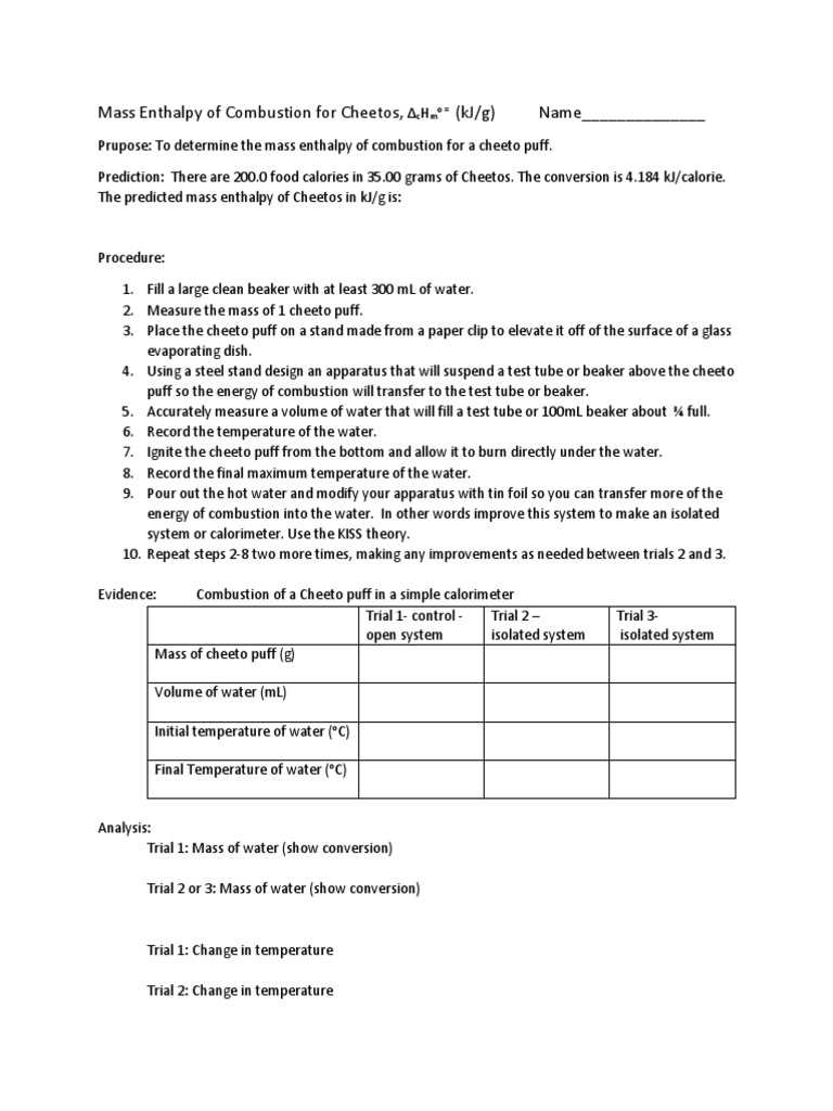 Cheetos Combustion Calorimetry Lab | PDF | Combustion | Enthalpy