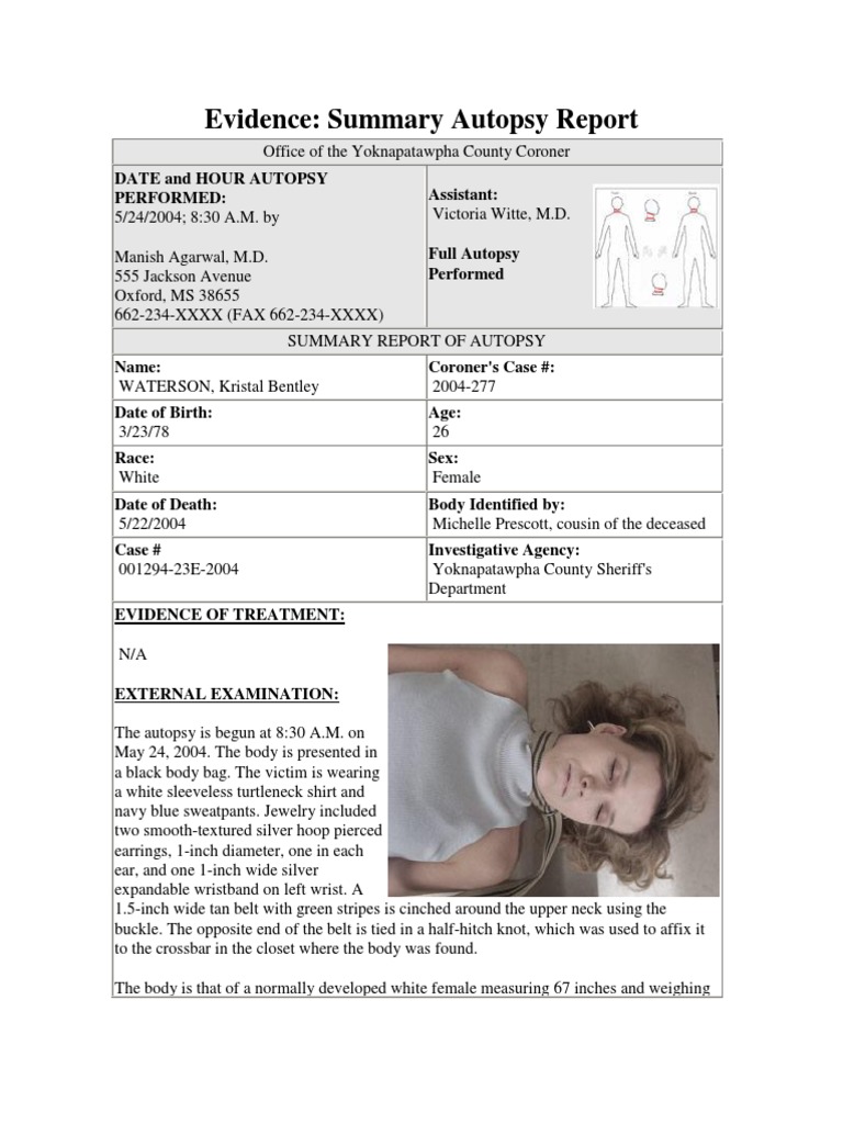 Kristal Waterson Autopsy Summary Report | PDF | Autopsy | Respiratory Tract