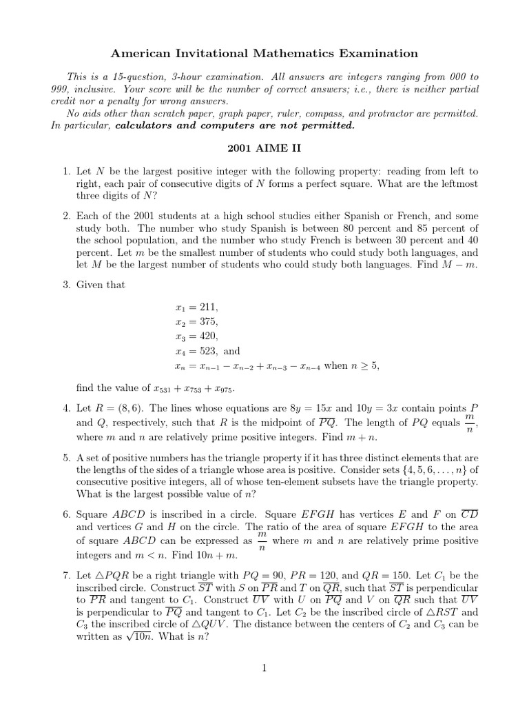 Aime 2001ii Pdf Triangle Area
