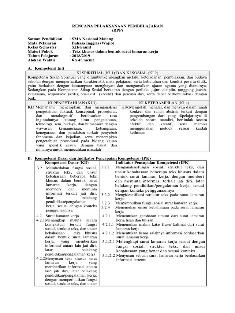 RPP Kelas Xii Aplication Letter | PDF