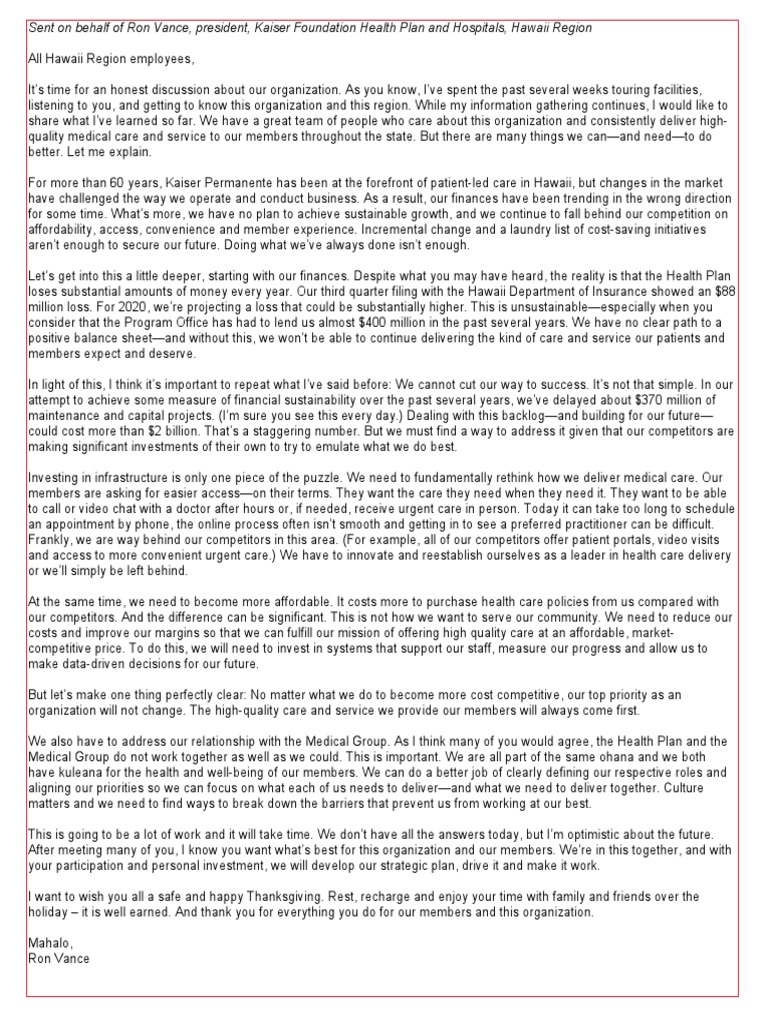 Letter to Kaiser employees Kaiser Permanente Health Policy