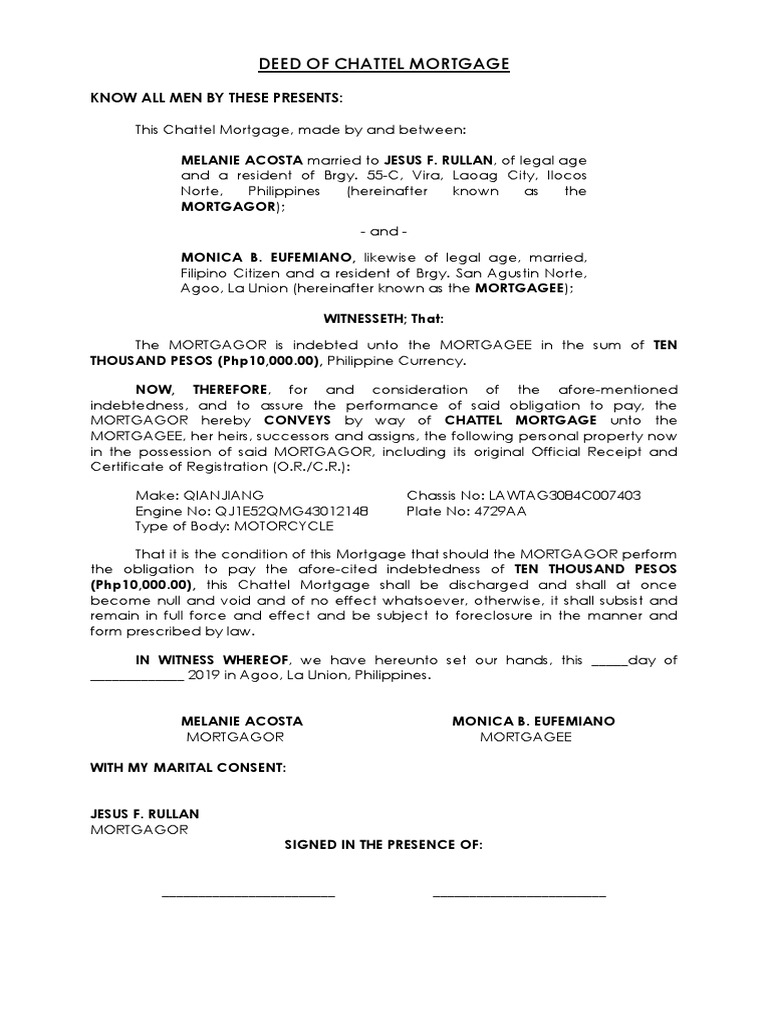 Chattel Mortgage Agreement Sample | PDF | Mortgage Law | Civil Law ...