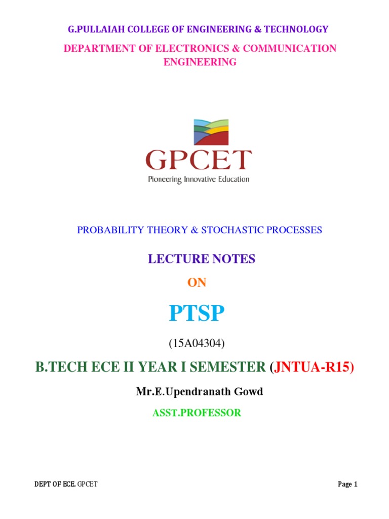 PTSP Notes Unit 1 PDF | PDF | Probability Theory | Probability Distribution