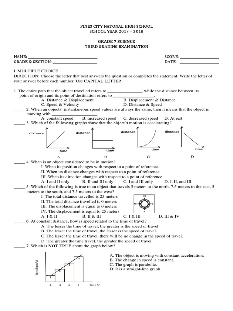 Grade 7 Science Exam: Motion & Waves | PDF | Sound | Heat Transfer