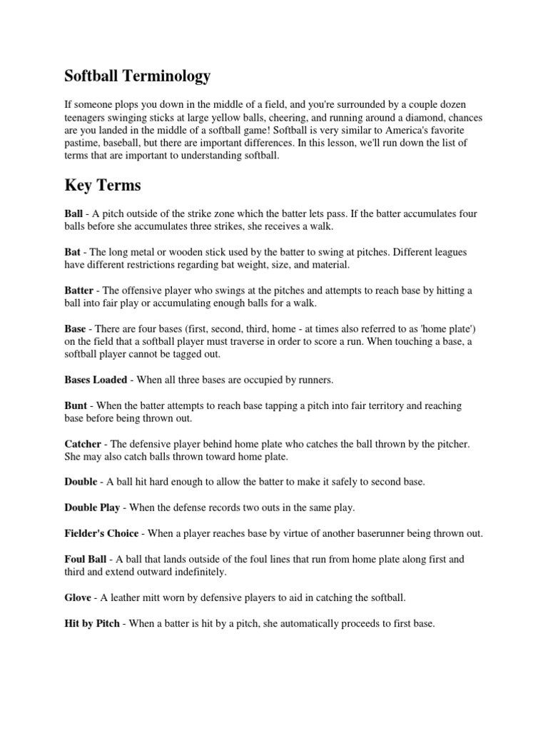 Softball Terminologies | PDF | Baseball Field | Softball