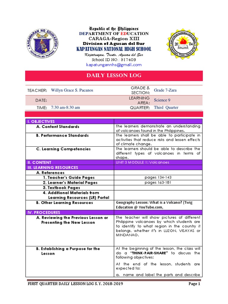 Lesson Plan in Volcanoes Grade 7 | Learning | Teachers