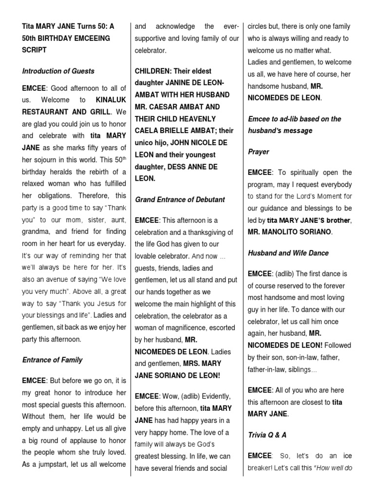 50th Birthday Emceeing Script