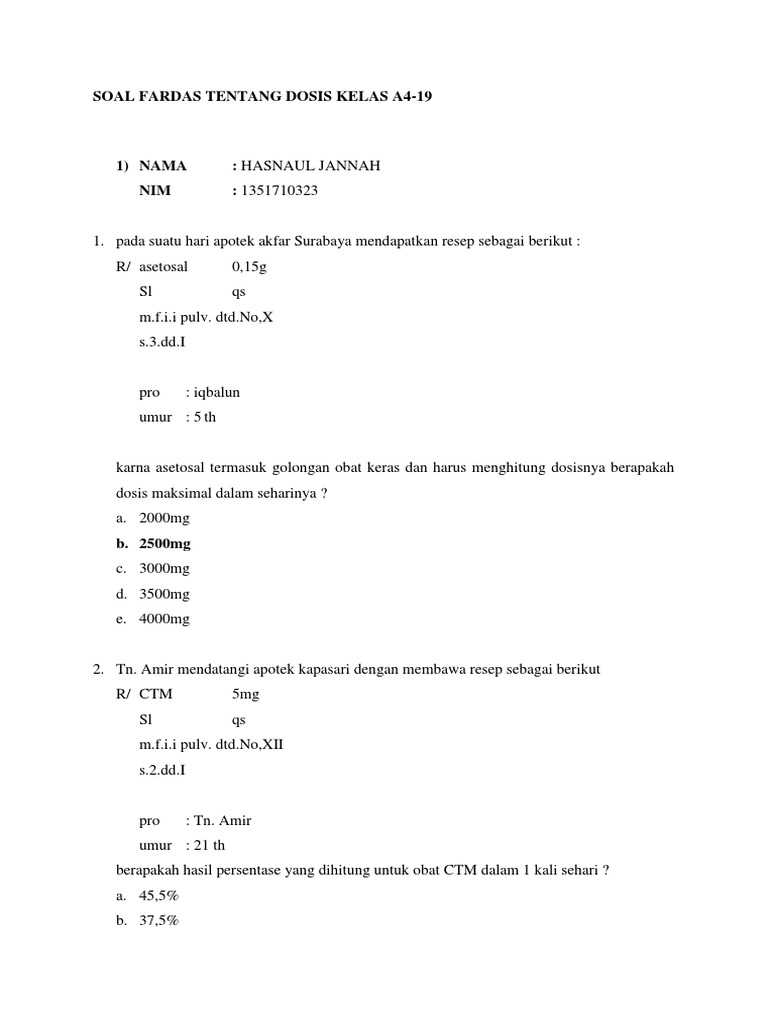 Soal Fardas Tentang Dosis Farmasi