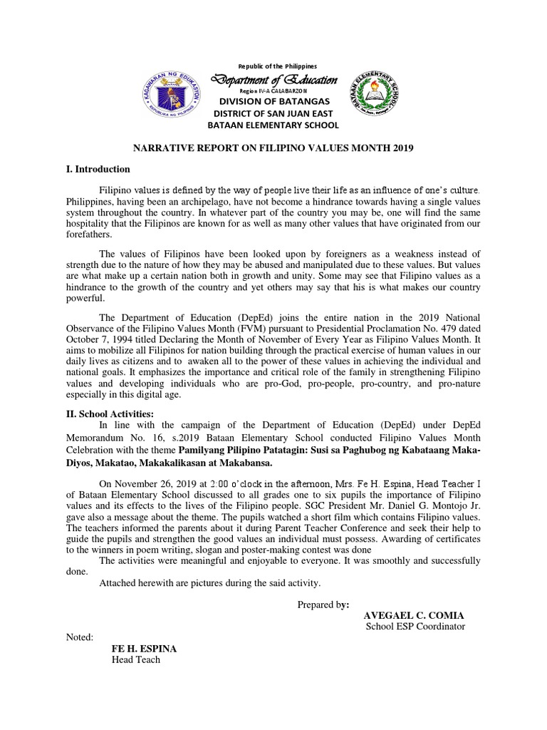 Filipino Values Month 2019 Bataan Es Final | PDF | Philippines ...