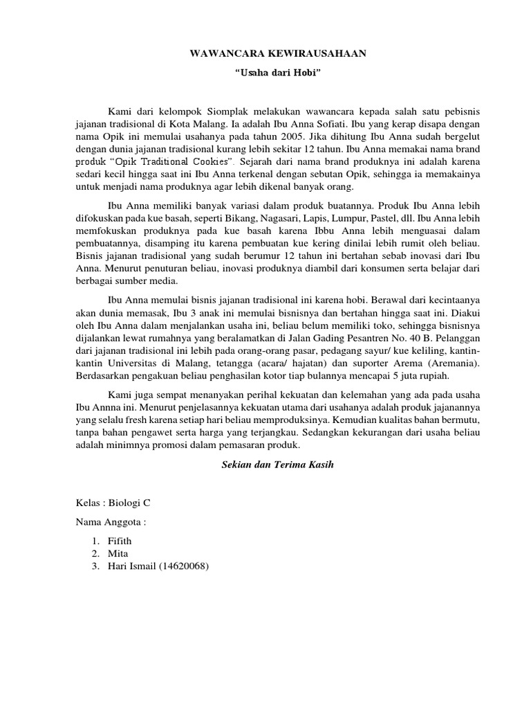 Wawancara Kewirausahaan Jajanan & Catering | PDF