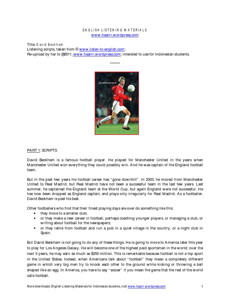 Script David Beckham Is A Famous Football Player PDF | PDF | David Beckham