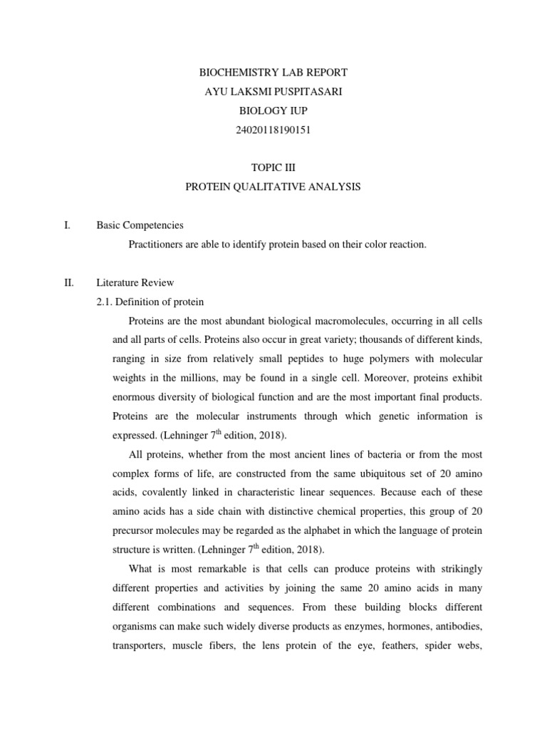 Biochemistry lab report protein qualitative analysis Biomolecular
