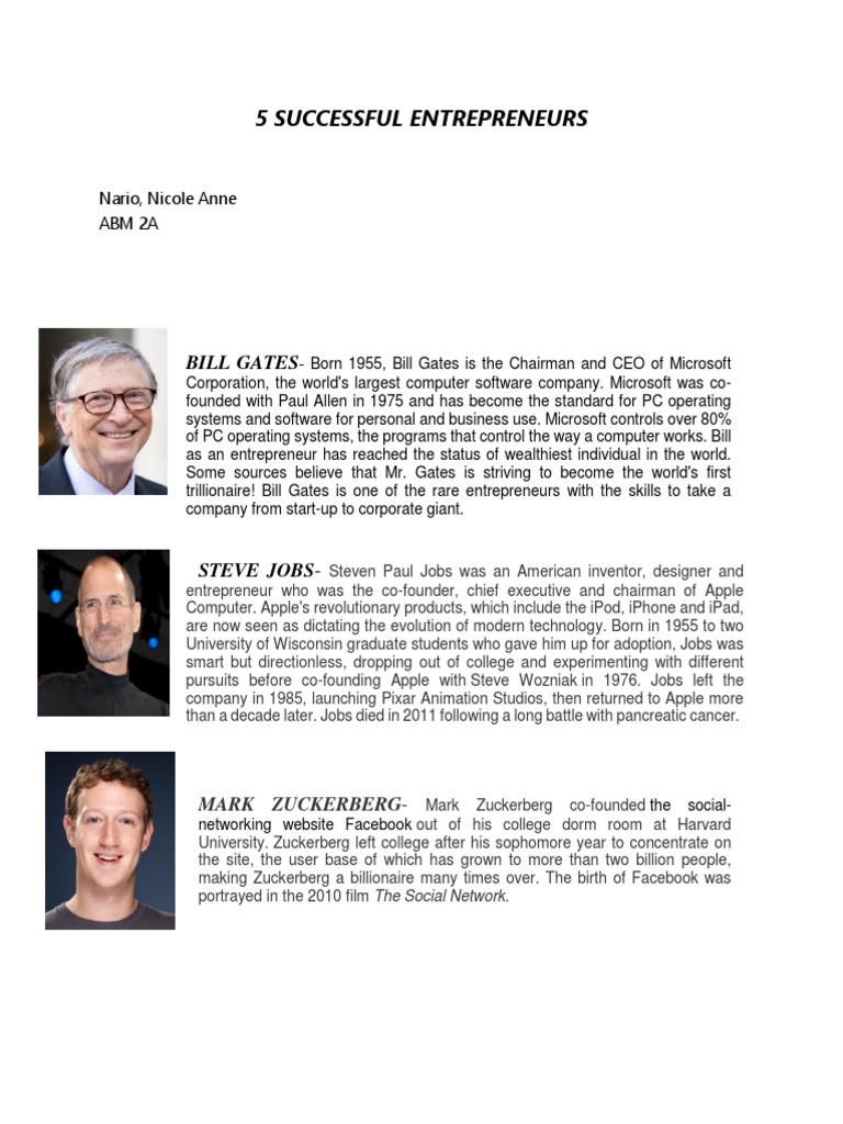 5 Successful Entrepreneurs Pdf Steve Jobs Mark Zuckerberg