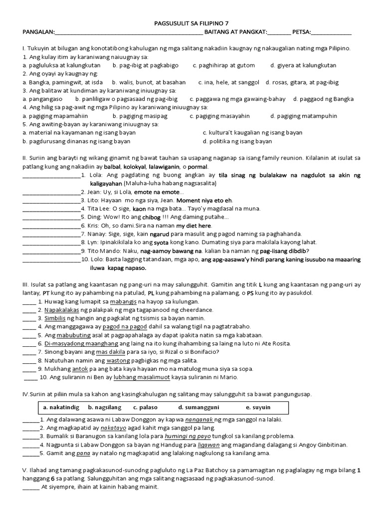 Pagsusulit Sa Filipino Number 1 | PDF