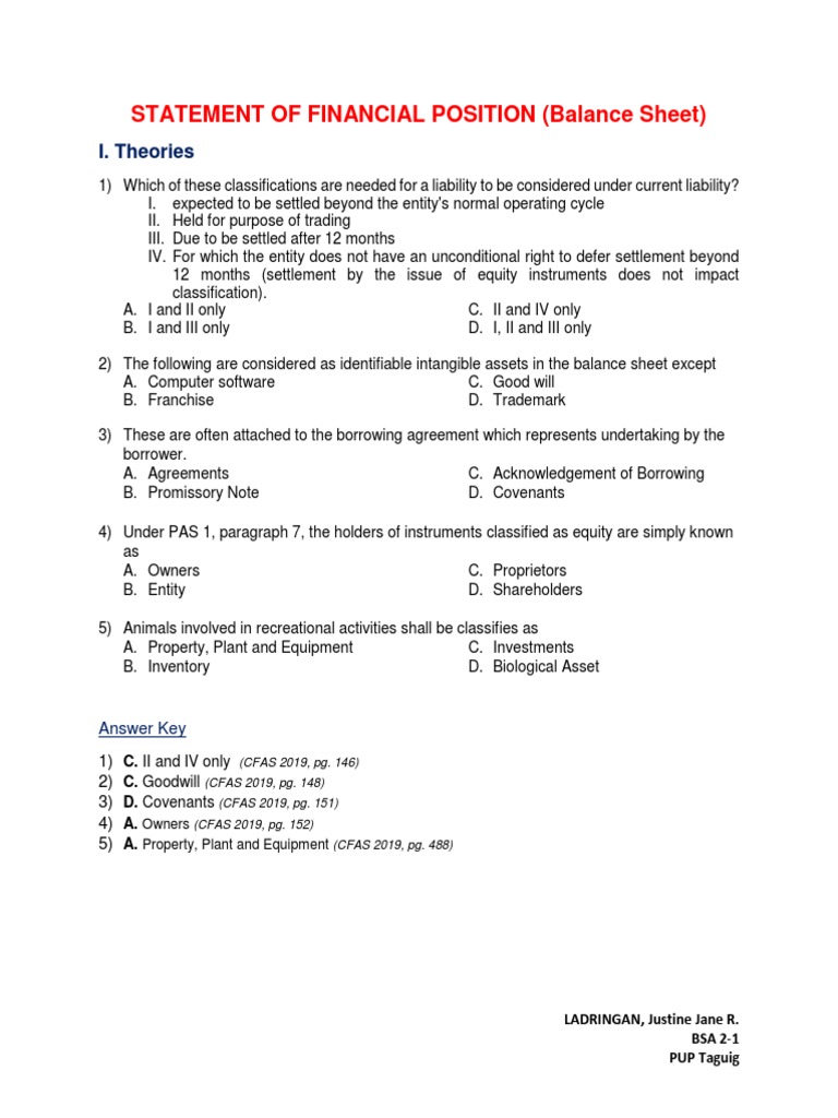 Statement of Financial Position (Balance Sheet) Test Bank | PDF