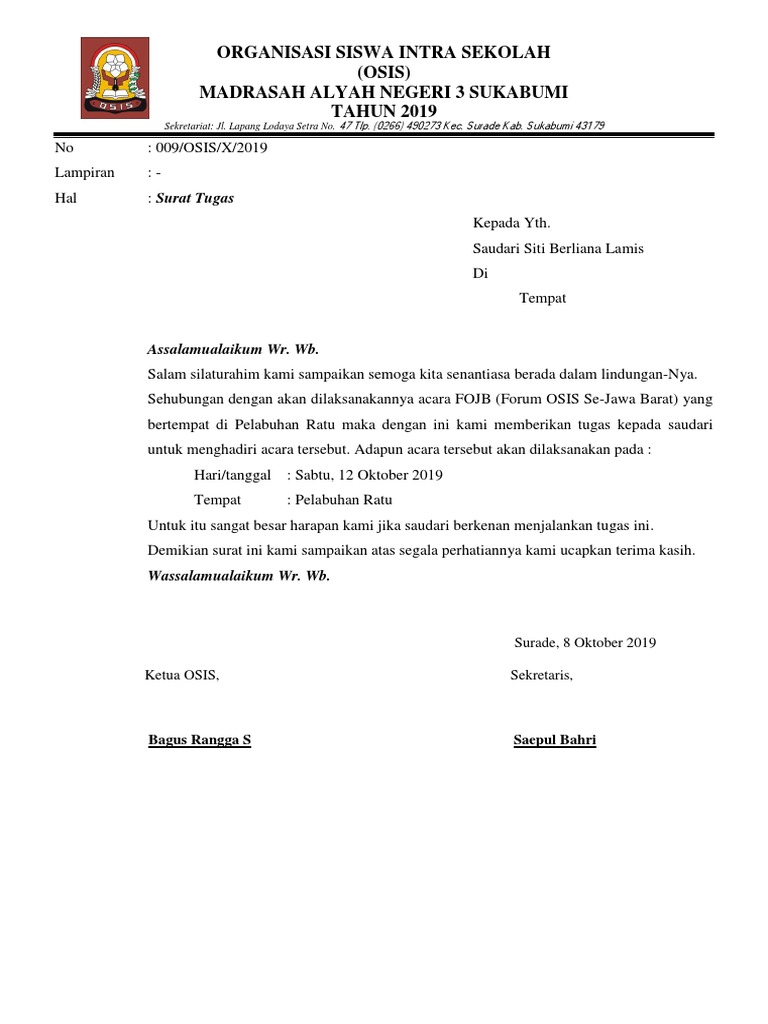Contoh Surat Tugas Kegiatan Osis
