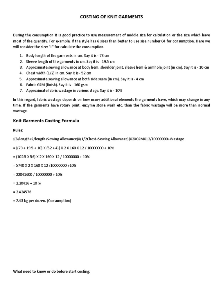 Costing of Knit Garments PDF PDF Yarn Clothing