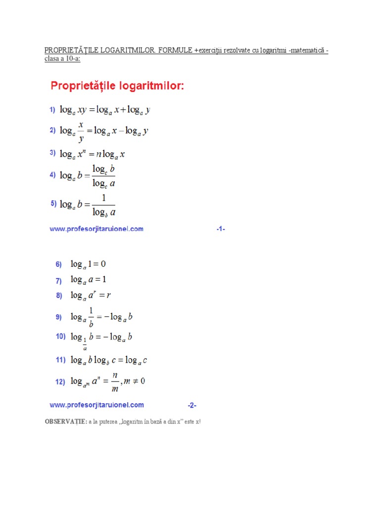 Proprietățile Logaritmilor | PDF