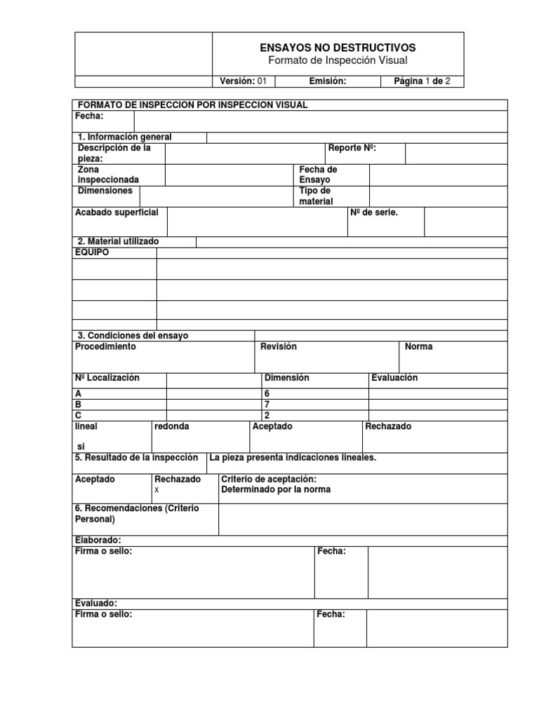 Visual inspection report of non-destructive testing format | PDF