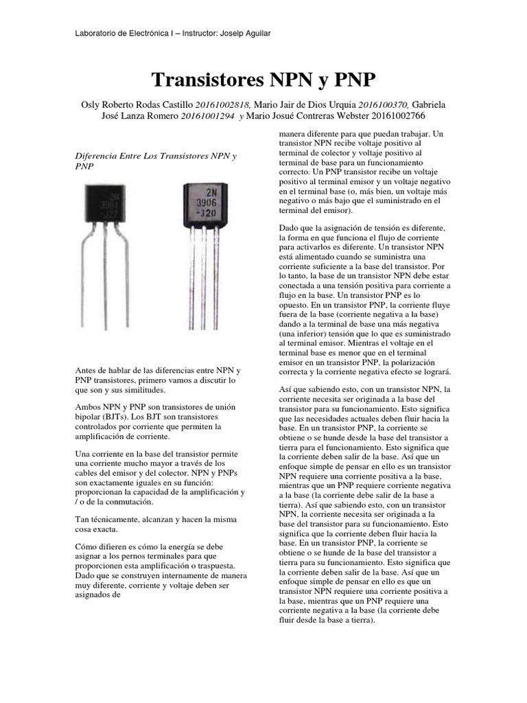 Diferencia Entre Los Transistores NPN y PNP PDF Transistor de unión bipolar Transistor
