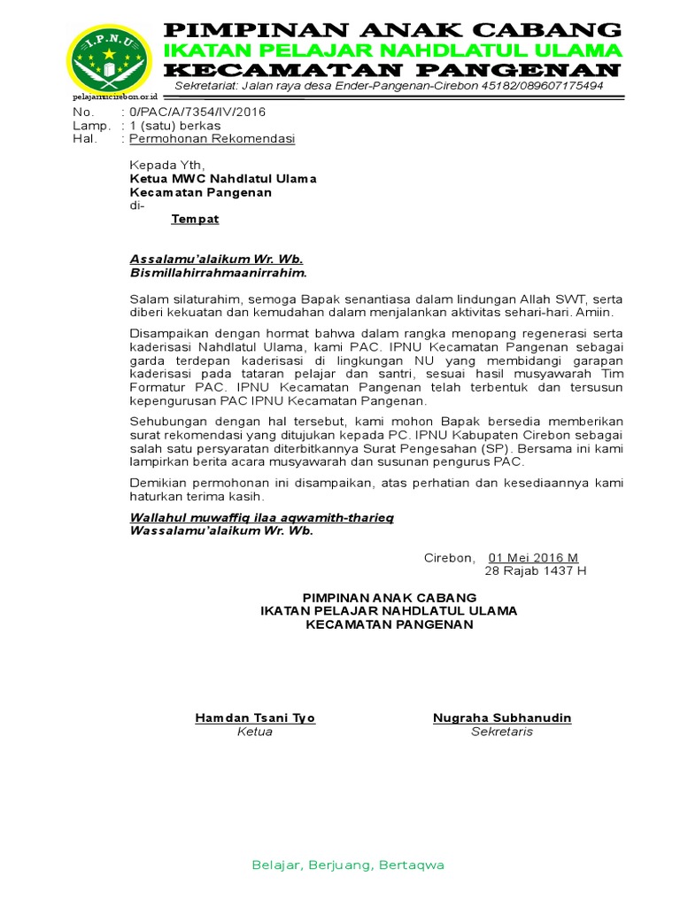 Featured image of post Contoh Surat Rekomendasi Mwc Nu Surat ini banyak digunakan untuk menambah nilai positif dari diri kita melalui penilaian dari atasan kepala perusahaan maupun dosen