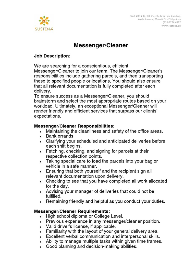 Job Description Messenger Cleaner Docx Business