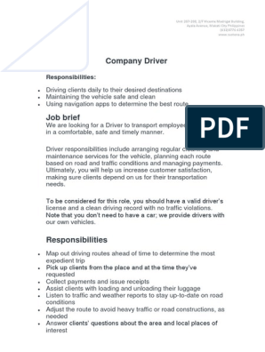 Job Description Company Driver | Pdf | Traffic | Car