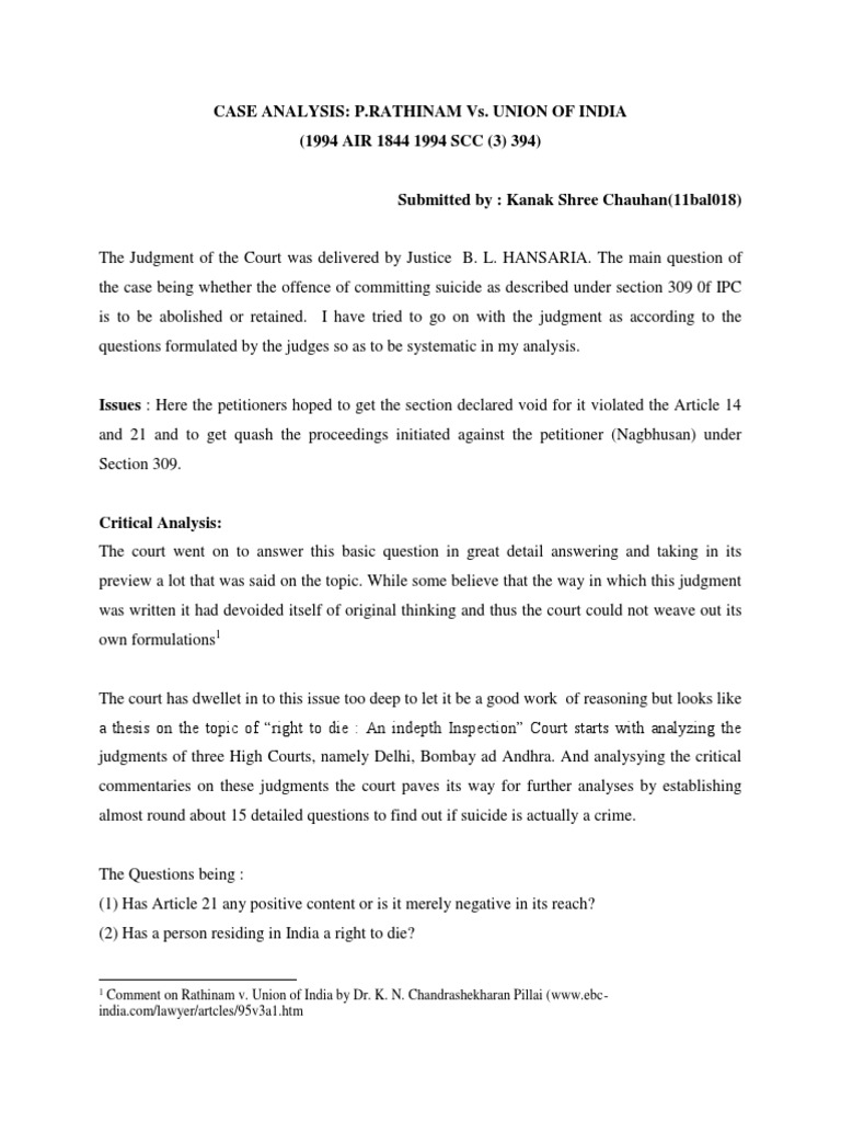 Case Analysis P Rathinam V Union Of India Suicide Crime Violence