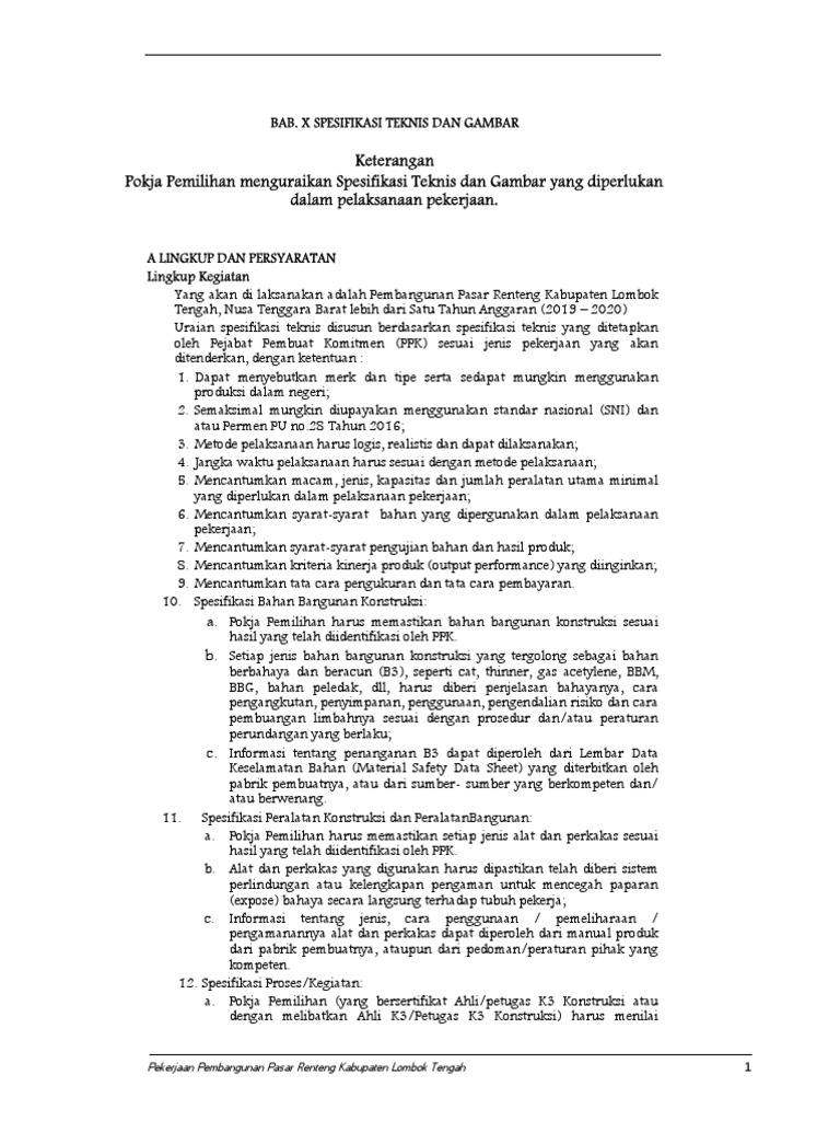Spesifikasi Teknis Pasar Renteng | PDF