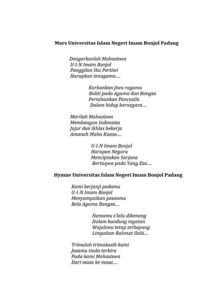 Lirik Lagu Mars Dan Hymne UIN IB Padang | PDF