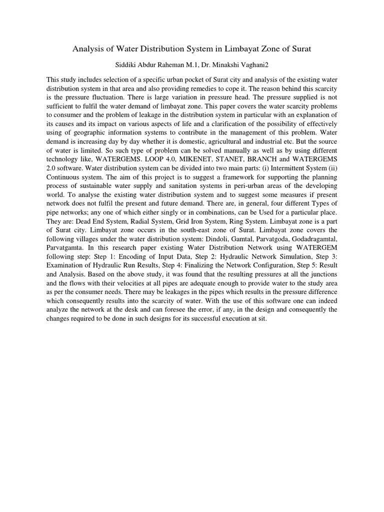 Analysis Of Water Distribution System In Limbayat PDF Water Supply