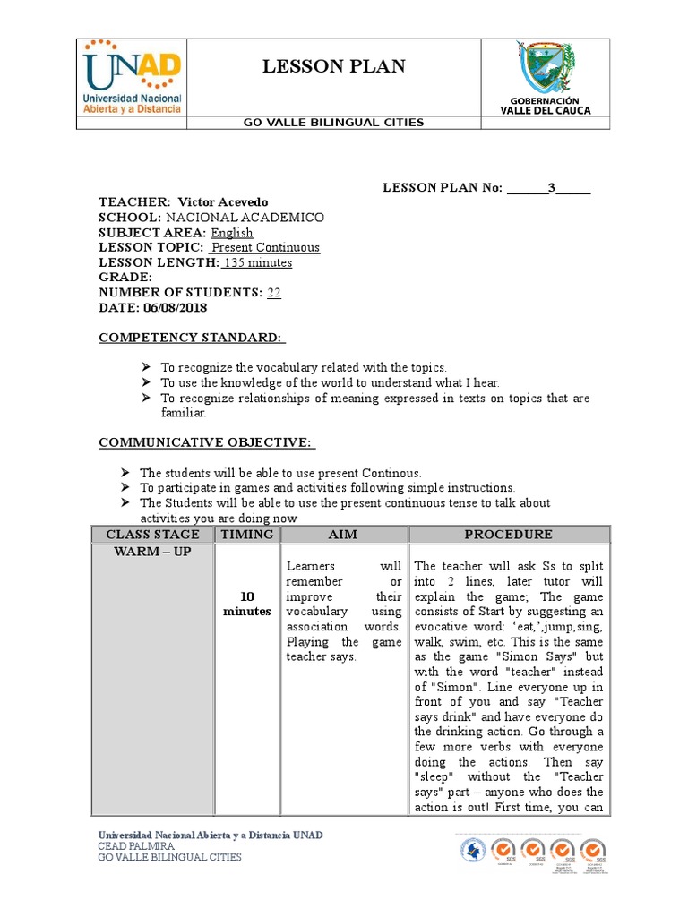Present Continuous Lesson Plan | PDF | Lesson Plan | Vocabulary