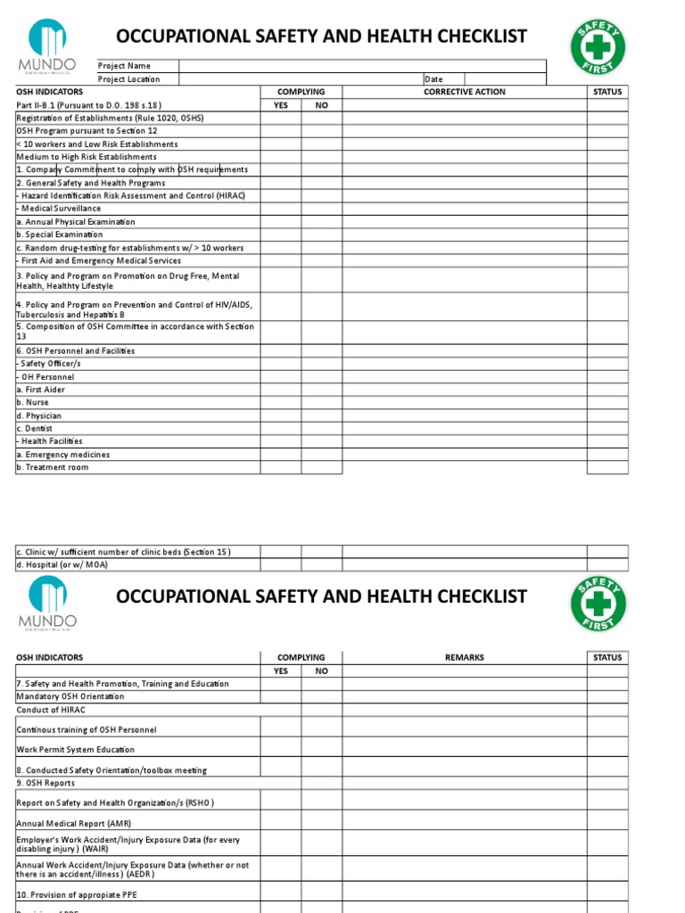 OSH Checklist PDF Occupational Safety And Health Personal